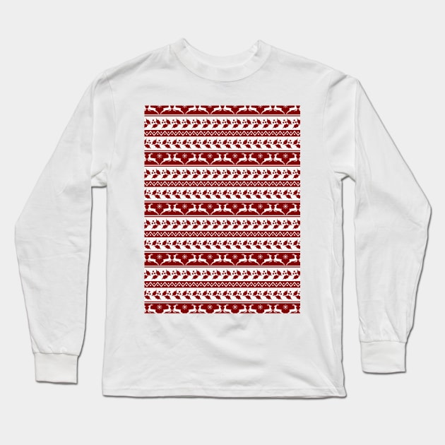 Dark Christmas Candy Apple Red Nordic Reindeer Stripe in White Long Sleeve T-Shirt by podartist